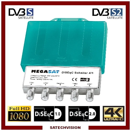 Commutateur DiSEqC 4/1 Megasat, 4 Entrées Satellites 1 Sortie Récepteur HD 3D 4K