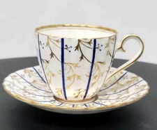 Royal Chelsea English Bone China Teacup & Saucer 763A Gold Leaves Blue Dots