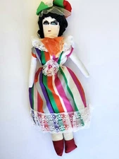 Unique Hand Made Cloth Doll In Colorful Dress 12"