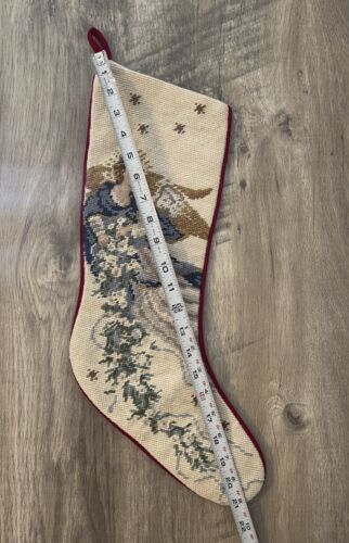 VINTAGE WOOL Needlepoint Christmas Stocking Angel BLUE W/GOLD WINGS 21" - Imagen 3 de 7