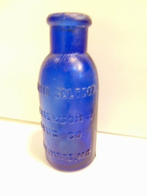 vintage blue Emerson Drug Co. Baltimore, ''Bromo Seltzer'' medicine bottle