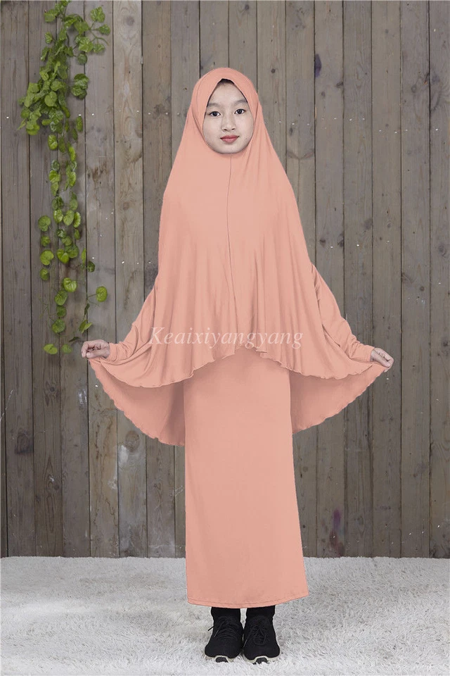 Maxi Vestido Largo de Oración para Niños Musulmanes Abaya Niños Niñas + Cubierta Completa Hiyab Árabe Foto 4 de 4