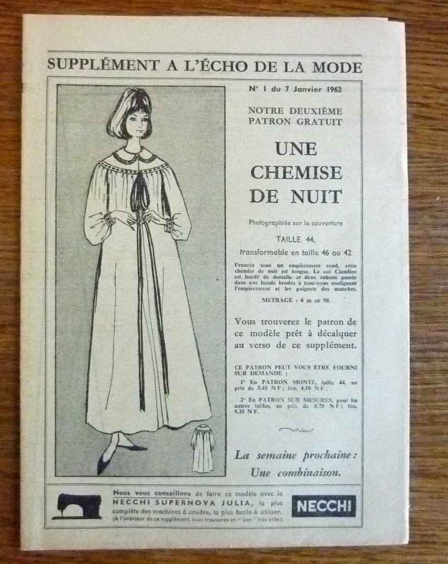 Patron De Couture Ancien Echo De La Mode Pour Chemise De Nuit Manches Longues/courtes Taille 44