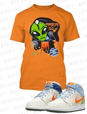 J1 KO Orange Graphic Sneaker Tee Shirt Area 51 Alien Halloween Pro Club Shaka T