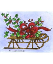 Christmas Holly Bow Sleigh Wood Mounted Rubber Stamp NORTHWOODS M11186 New