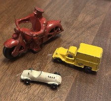 Original 1930s Antique Hubley Cast Iron Policeman Motorcycle Red 4 2 Cars