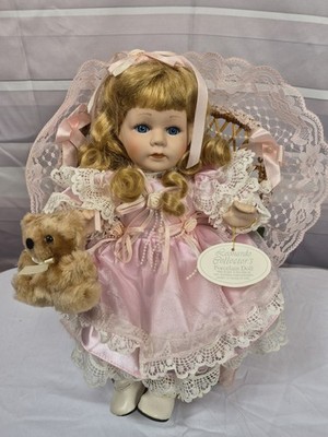 Leonardo Collector s Porcelain Doll Nicola Pink Lace Dress Teddy Sitting Chair