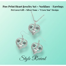 Paw Print Heart Jewelry Set Necklace  Earrings  Silver Tone Pet Lover Gift