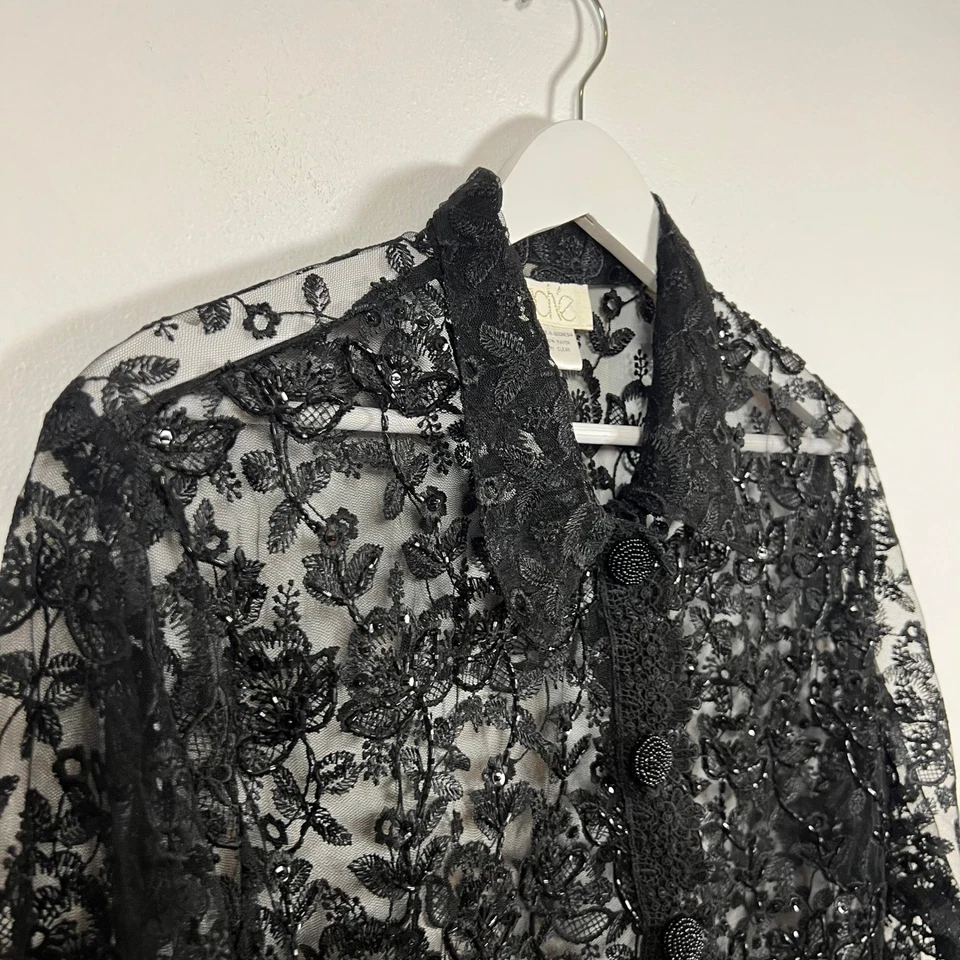 VTG Cachet Chaqueta corta de encaje negro Talla M Lentejuelas con cuentas de hada caprichosa gótica Foto 3 de 4