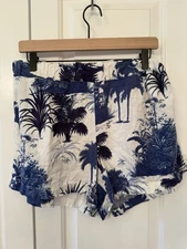 C & C California Women's Linen Pull On Shorts L Blue Palm Tree Pattern New