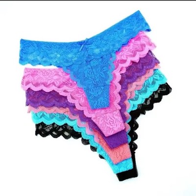Lace Floral Semi-Transparent Thong Panties, Multicolor, Women's M, 6 Pack