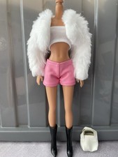 Faux Fur Jacket, Strapless Top & Pink Shorts with Boots & Bag 5pc Outfit