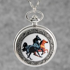Vintage Steampunk Horse Pattern Quartz Pocket Watch Silver Necklace Gifts Unisex