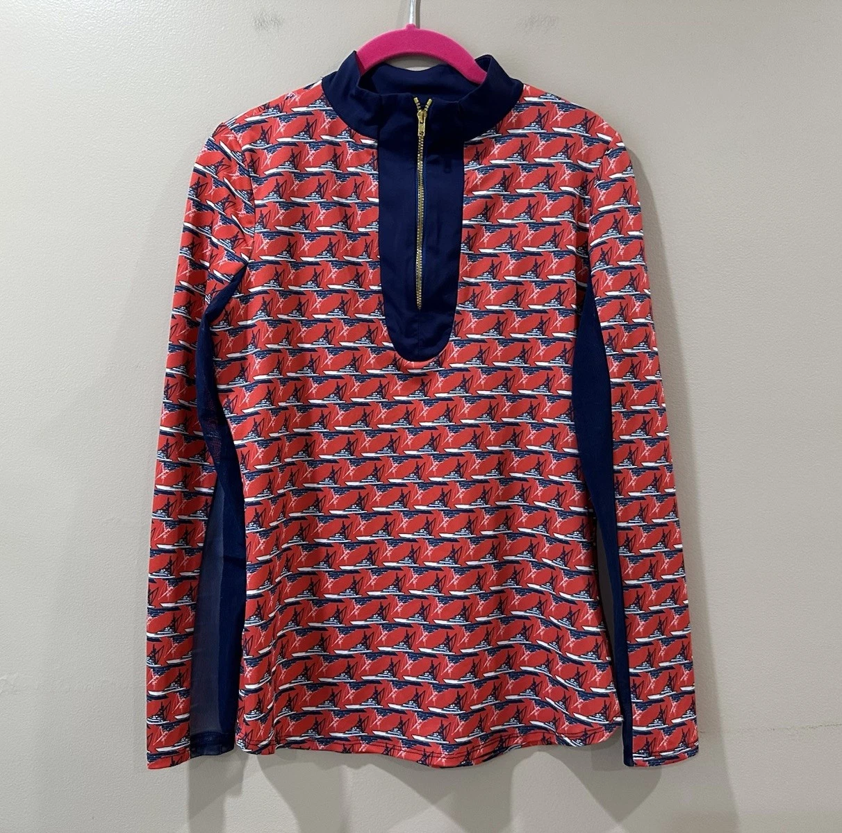 Allie Burke Sun Shirt Women's Small Boat Print 1/4 Zip Long Sleeve Top Red