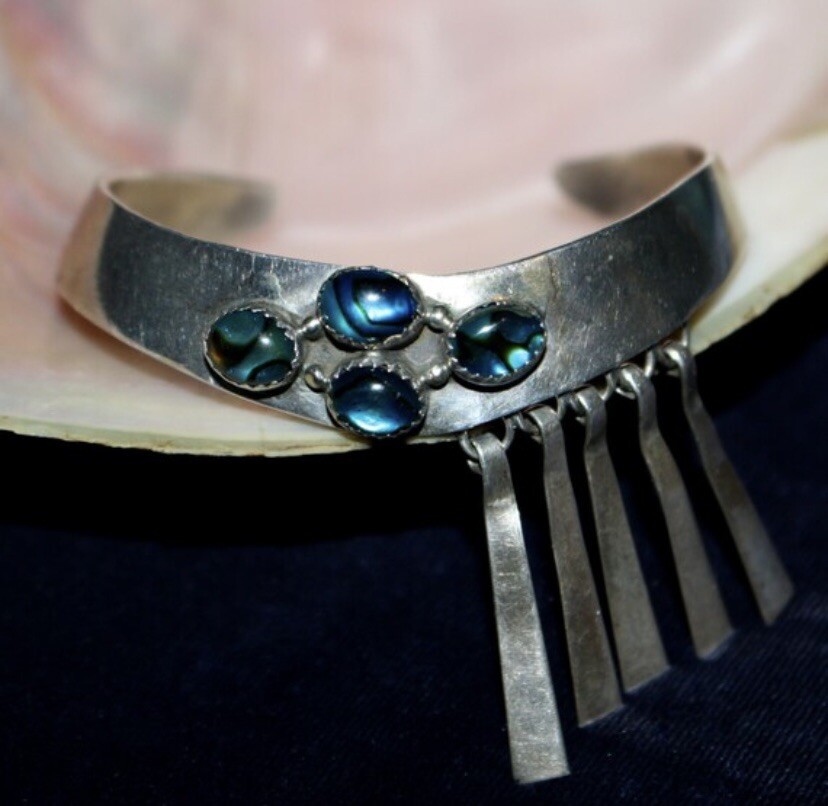 Vintage 925 Abalone Shell Silver Cuff Bracelet Ha… - image 2