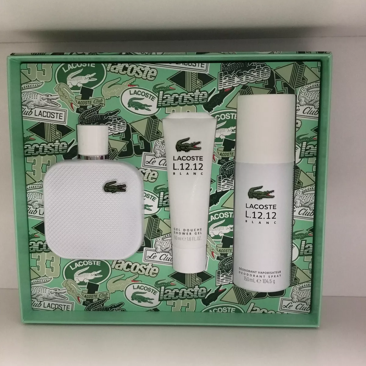 Lacoste L.12.12 Blanc | Men 3pc Gift Set 3.3Oz EDT + 1.6oz S. Gel + 150ml Deo | eBay