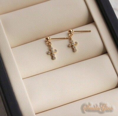 Real 925 Sterling Silver Ladies Cross Earrings Studs Christmas Gift for Women