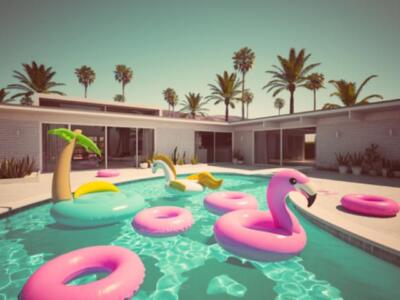 Wandbild: 3D-Rendering. viele verschiedene Schwimmer in einem Pool. [...]