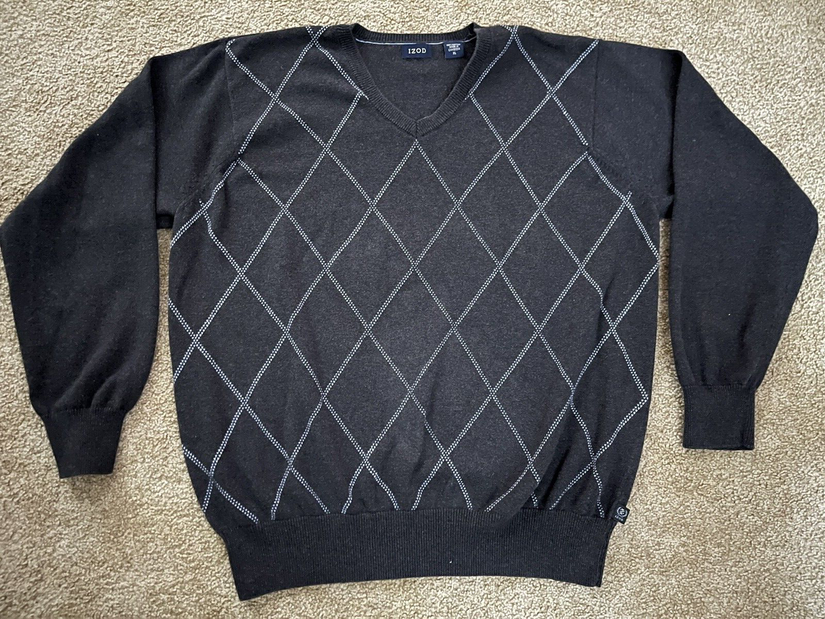 Izod Men's Pullover V-Neck Sweater XL Cotton Dark Gray/Lt Blue