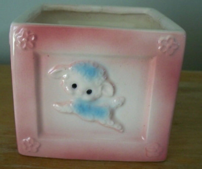 VTG PINK BABY 4'' BUILDING BLOCK CERAMIC PLANTER-LAMB & TEDDY BEAR-MADE IN JAPAN