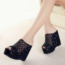 Womens Peep Toe Mesh Hollow Out Slippers Platform Wedge Heel Sandals Shoes pumps