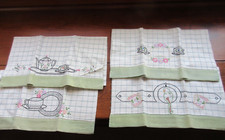 Set Of 4 Vtg Embroidered Tea Towels Green Check Parrot Tea Set Cup Saucer