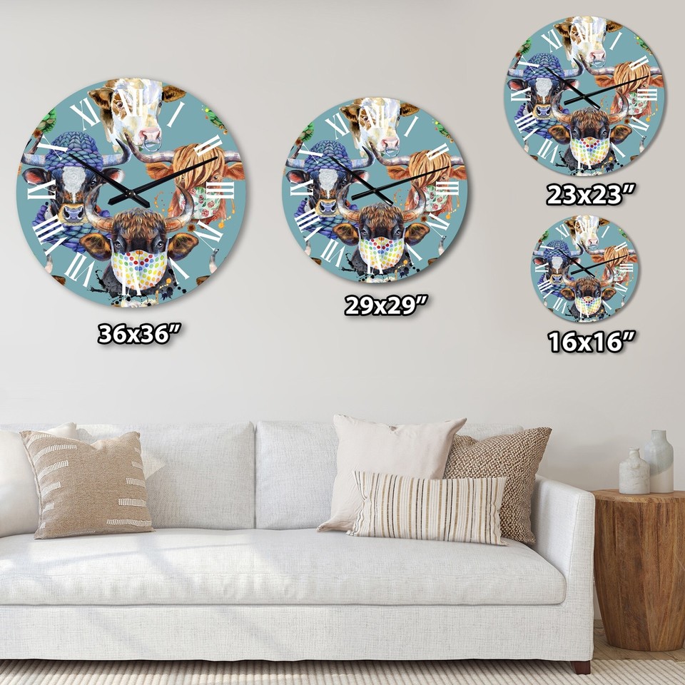 Designart 'Colorful Bulls On Blue' Patterned wall clock eBay