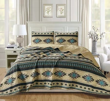 Chezmoi Collection 3-Piece Teal Beige Southwestern Tribal Quilt Bedspread Set