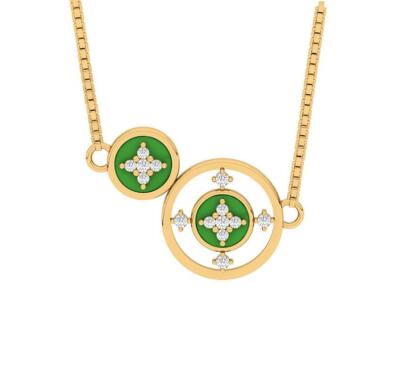 I1 g 0,15 kt natürlicher Diamant Emaille zwei Kreise Anhänger Halskette 14 K Gelbgold
