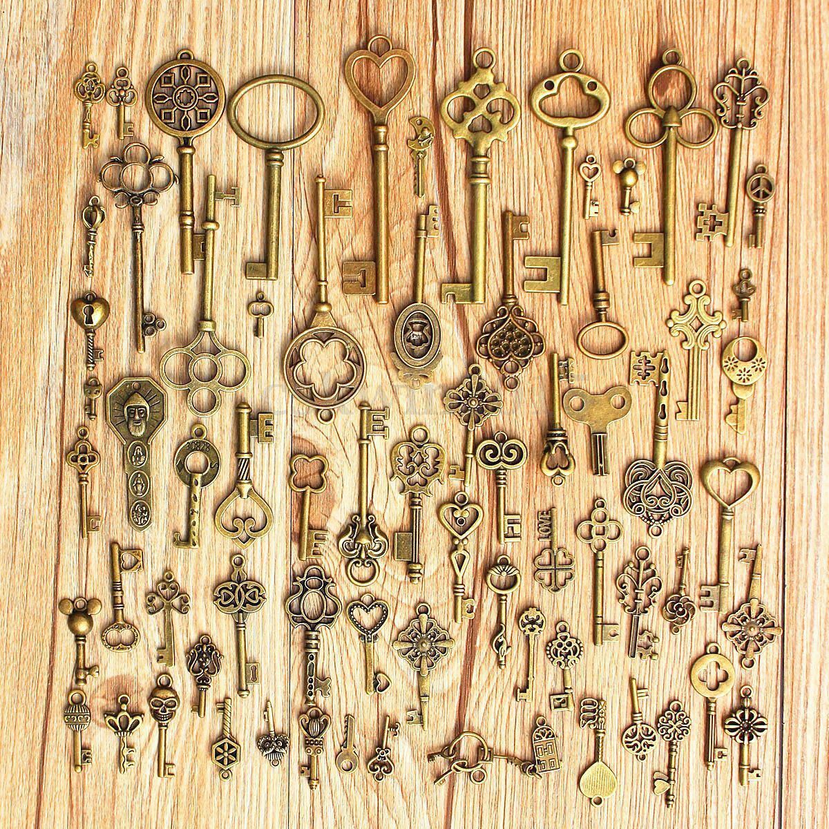 69pcs/set  Antique Vintage Old Look Bronze Skeleton Keys Fancy Heart Bow Pendan