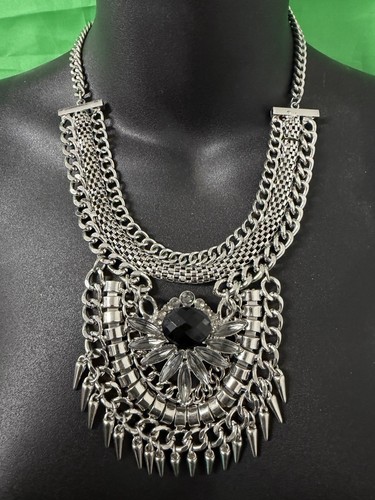 Silver Necklace Ethno Folklore Boho Hippie Style w/ Black Stone and Crystals