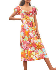 Farm Rio Fruit Salad Midi Womens Cotton Short Puff Sleeve Midi Dress Medium $225