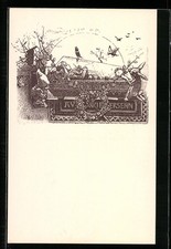 Schneewittchen im geschmückten Sarg, Zwerg und Tiere, Ansichtskarte 