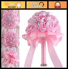 6.3" Pink Artificial Rose Bridal Bouquet with Bling Brooch for Weddings  Quince