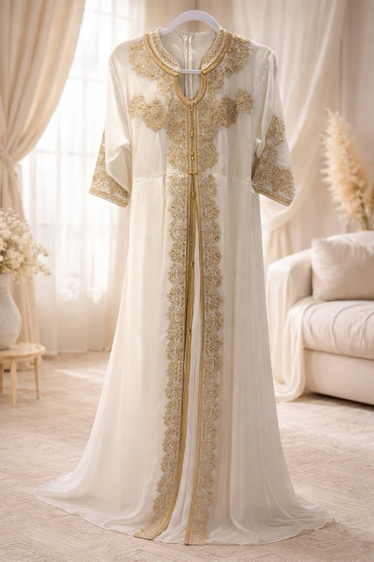 White Gold Embroidered Kaftan Robe Med.  with train Long Sleeve Middle Eastern
