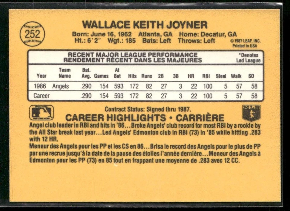 1987 Leaf #252 Wally Joyner - Image 2 of 2