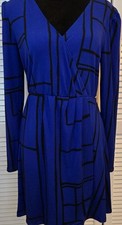 Womens Nine West Dress SMALL Blue Black Faux Wrap Long Sleeve V Neck Office 