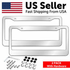 2pcs Chrome Stainless Steel Metal License Plate Frame Tag Cover With Screw Caps