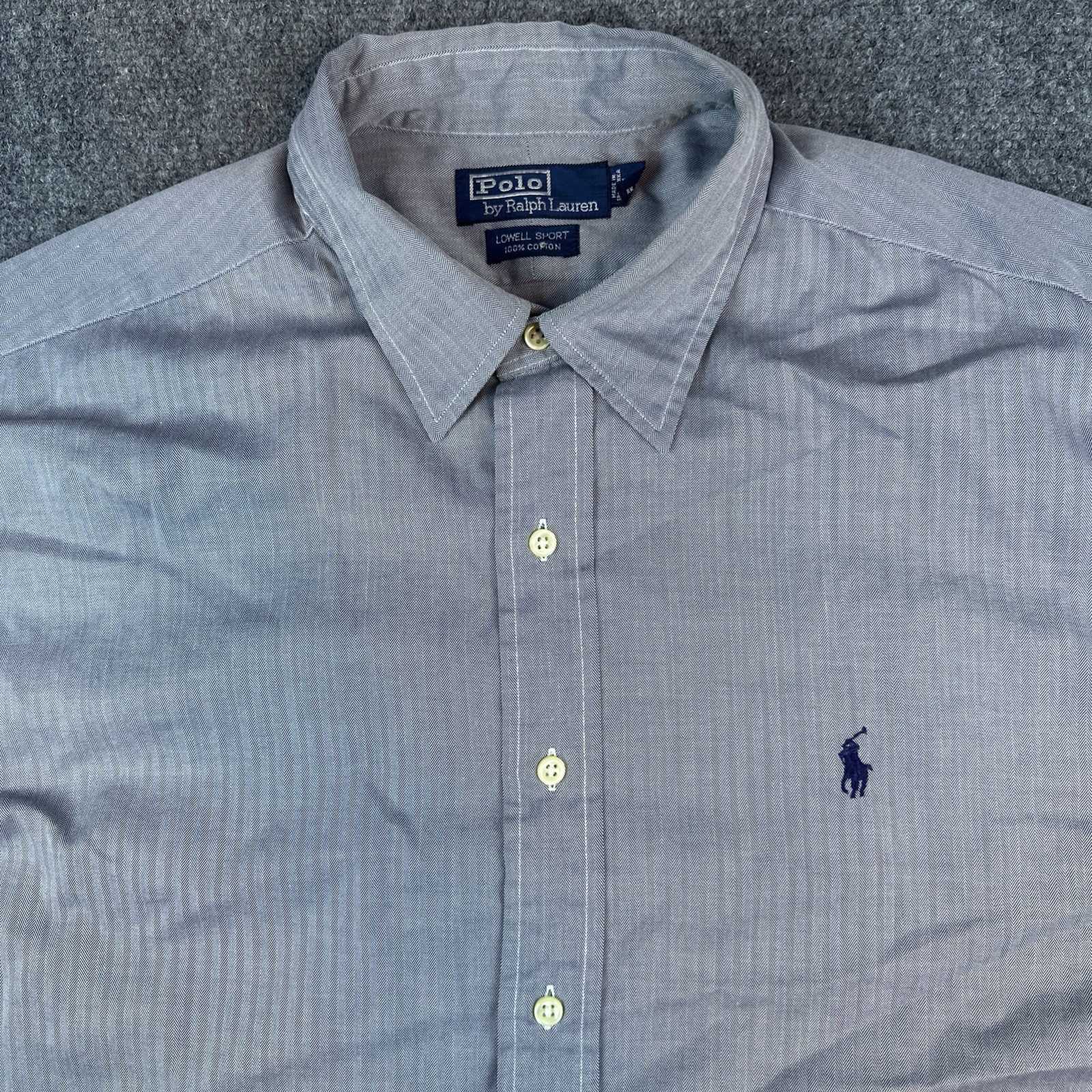 Polo Ralph Lauren Uomo XL Grigio Spina di Pesce Lowell Sport Blu Pony Camicia Cotone