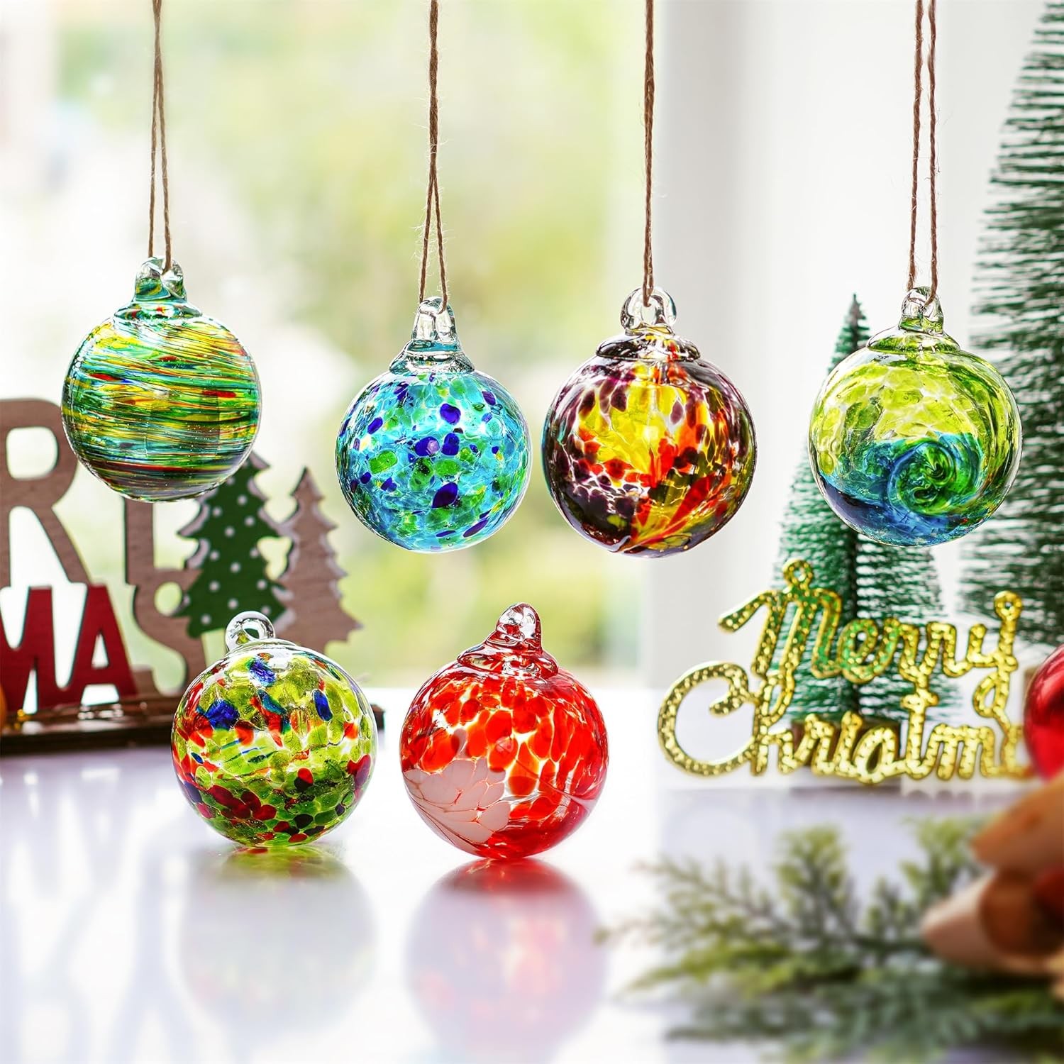 QFkris 6 Pack Hand Blown Glass Ornament for Christmas Tree, 2.3" Hanging... 