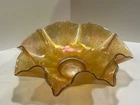 Vintage Iridescent Gold Ruffled Edge and Textured Surface Glass Bowl. LQQK