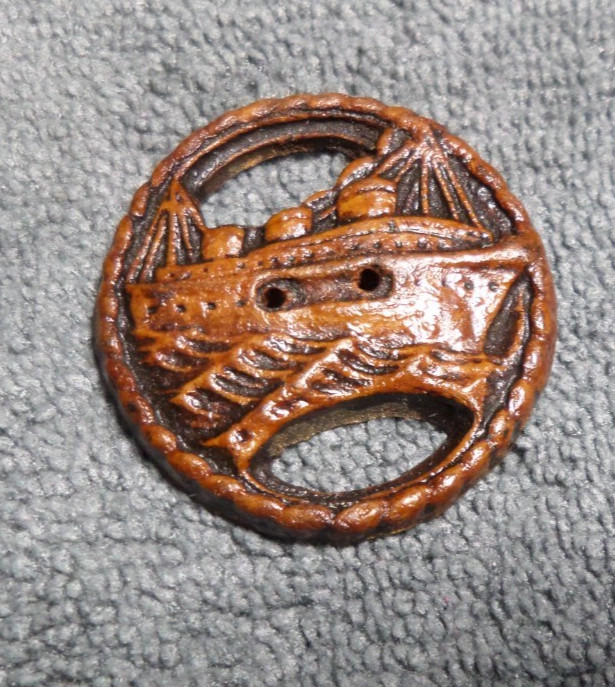 Vintage Burwood Carved Wood Picture Button OCEAN LINER SHIP 1-3/8"