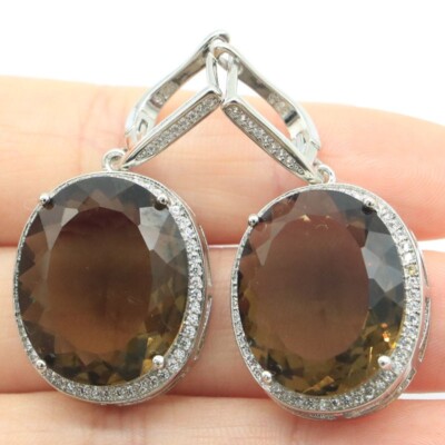 Buy 3 get 1 free Big Gemstone 18g Smokey Topaz CZ Women Dating Silver Earrings