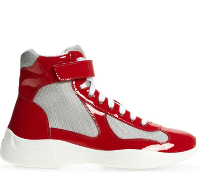 【カーフレザー】PRADA America’s Cup スニーカー バイク素材 PRADA America's Cup Bike High Top Sneakers Red Silver 8.5 UK