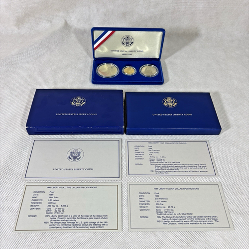 Juego de 3 monedas conmemorativas de plata de oro de la Estatua de la Libertad 1986 de la Casa de la Moneda de Estados Unidos con certificado de autenticidad de caja - Imagen 2 de 24
