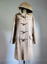 Classic Gloverall Tan Wool Duffle Toggle Coat W/ Attached Hood & Plaid Lining