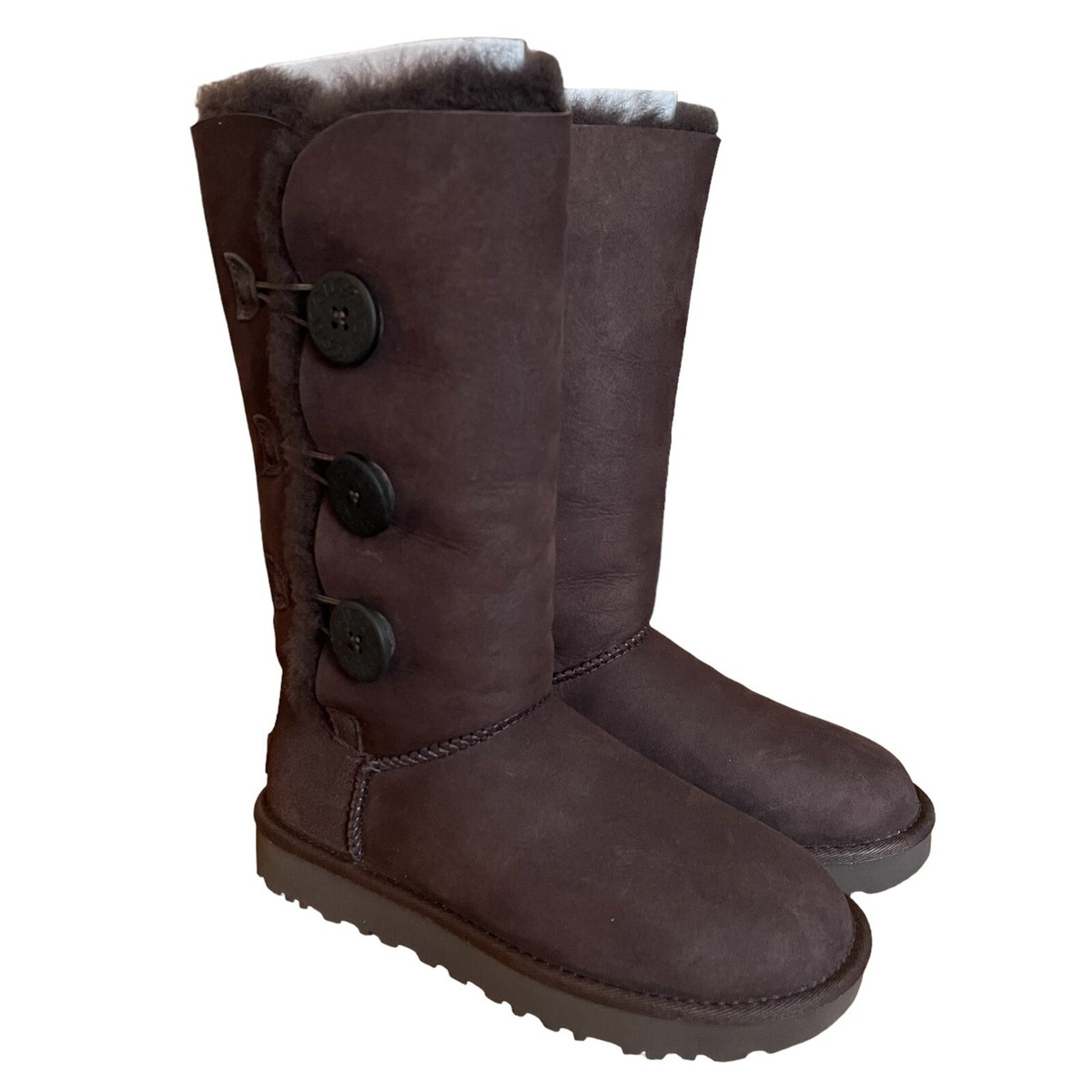 UGG Bailey Button Triplet II Boots Size Chocolate Brown Suede
