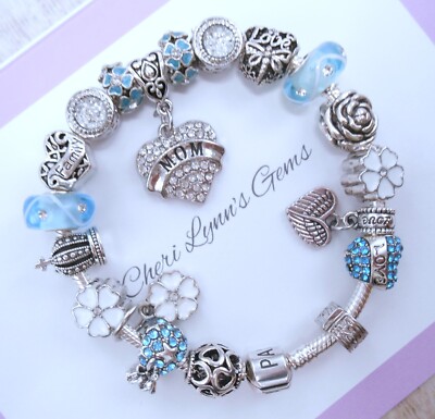 MOM PANDORA SILVER CHARM BRACELET MOTHER PAVE CRYSTAL HEART CHARMS