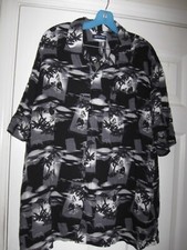 Vtg Puritan Black Rayon Hawaiian Camp Shirt SS Hulu Dancers Palm Trees SZ XL