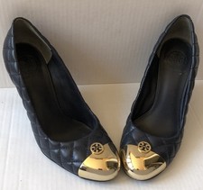 AUTH Tory Burch Women's 8.5 Navy Blue & Gold Kaitlin Leather Wedges / Heels Shoe